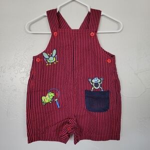 Snugabye Basic Vintage Baby Boy 3-6 Months Red Navy Striped Overalls Shortalls